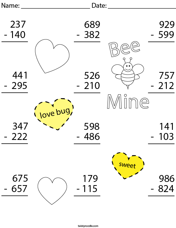 Valentine s Day 3 Digit Subtraction Math Worksheet Twisty Noodle